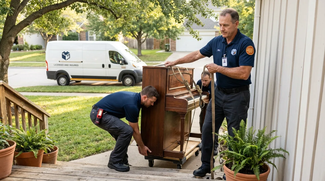 Licensed piano movers securing grand piano in Alma, KS