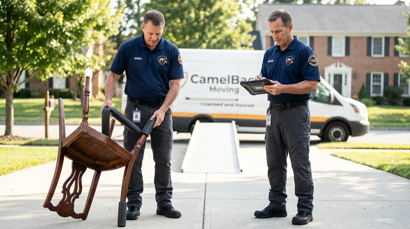Movers inspecting furniture for damage prevention before loading in Alma, KS