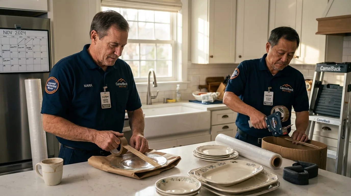 Professional crew packing kitchen dishware in Alma, KS